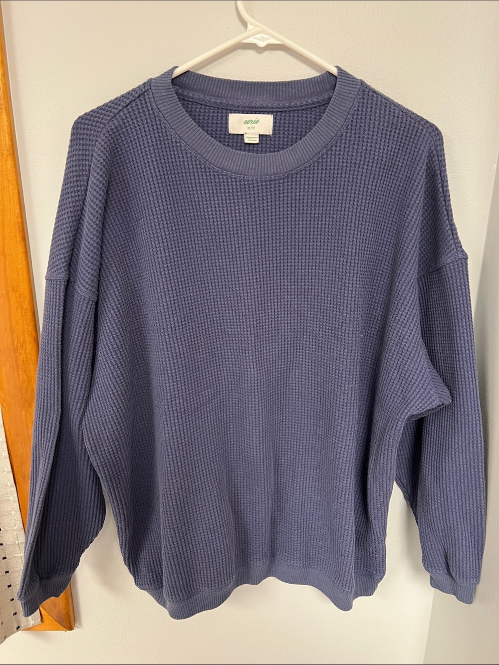 aerie Waffle-Knit Crewneck Sweatshirt in Dusty Blue